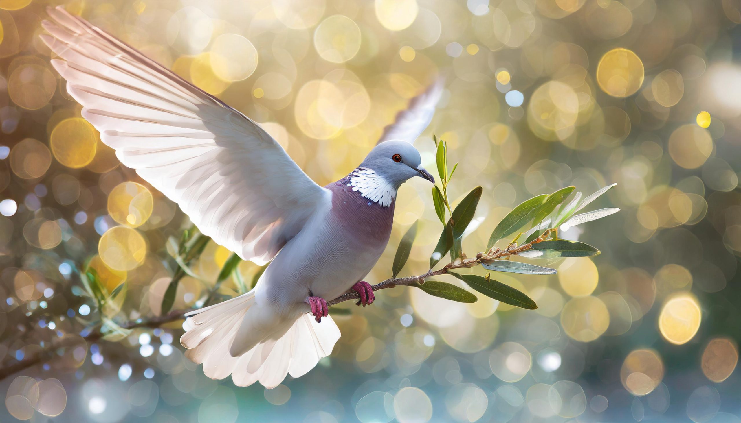 realistic dove with olive branch in her mouth, bokeh effect
